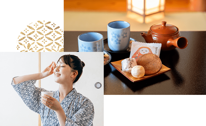 チェックイン時には天竜特選緑茶と金沢のお茶菓子でお迎え